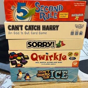 5 second rule, can’t catch Harry, Sorry, Qwirkle, and Don’t Break the ice.